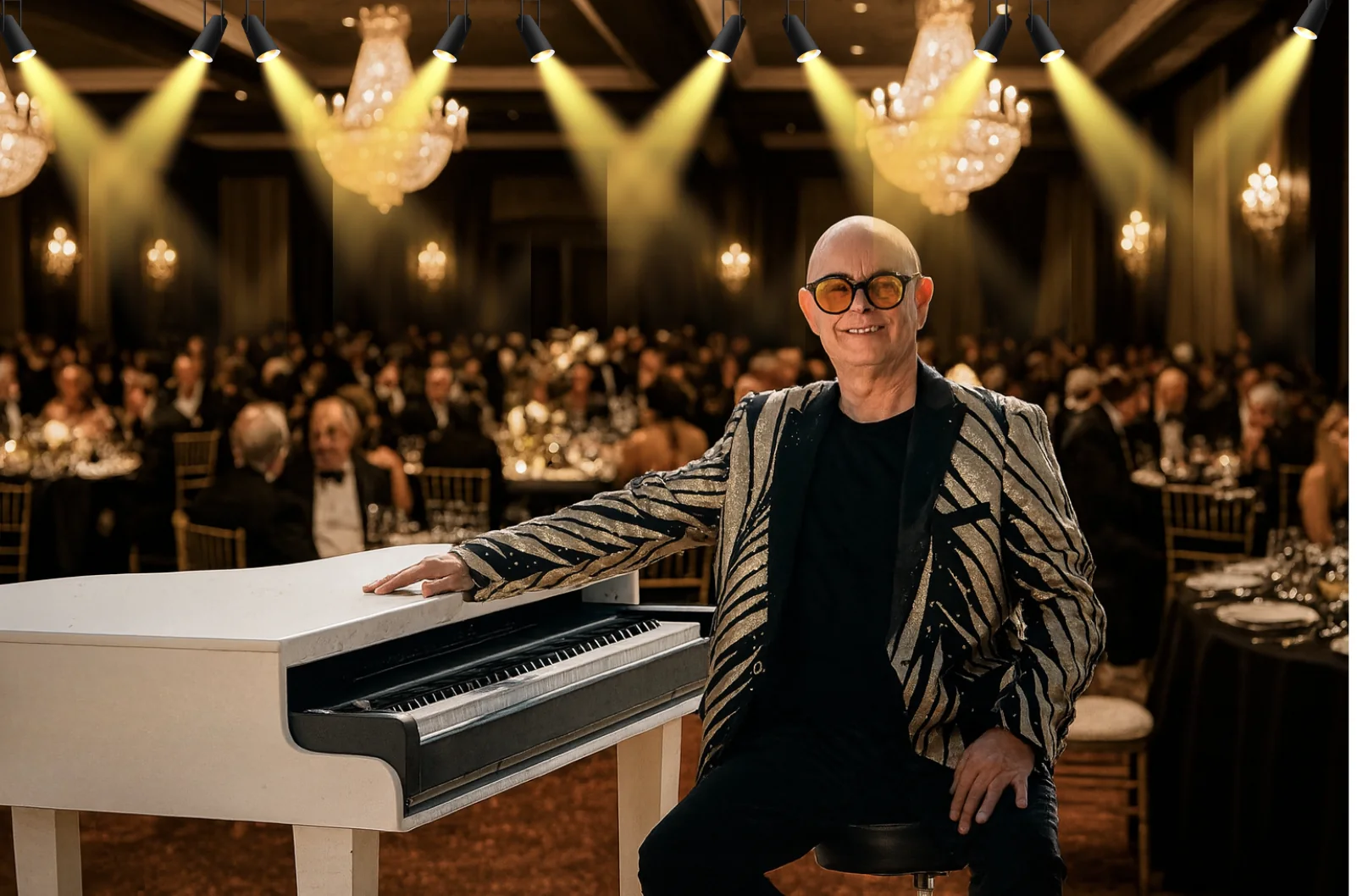 Ariel Numhauser junto a su piano blanco frente a un salón lleno de invitados
