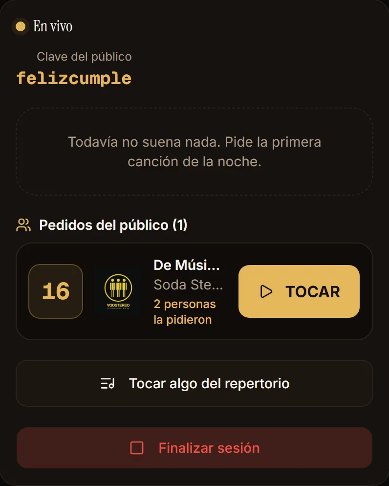 Cola de pedidos del público con el número de djay Pro y el botón TOCAR
