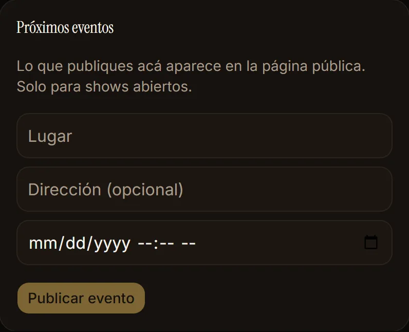 Formulario para publicar próximos eventos con lugar, dirección y fecha