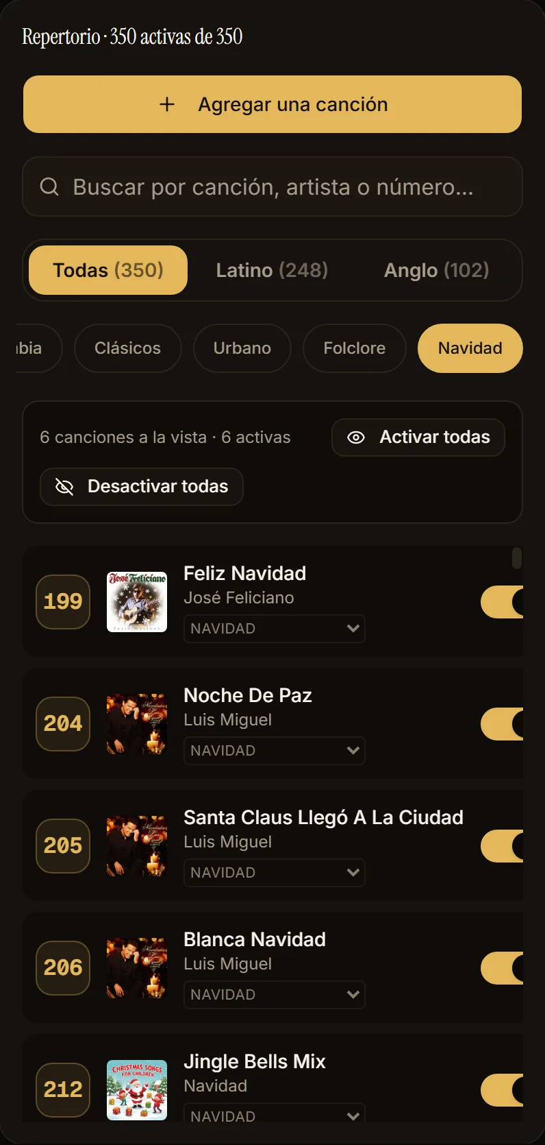 Repertorio filtrado por estilo Navidad, con botones para activar o desactivar todas