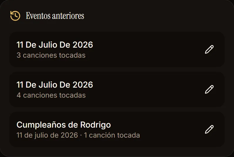 Historial de eventos anteriores con fechas, nombres y canciones tocadas
