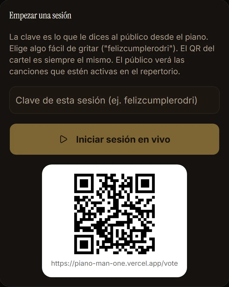 Tarjeta para empezar una sesión con campo de clave y código QR