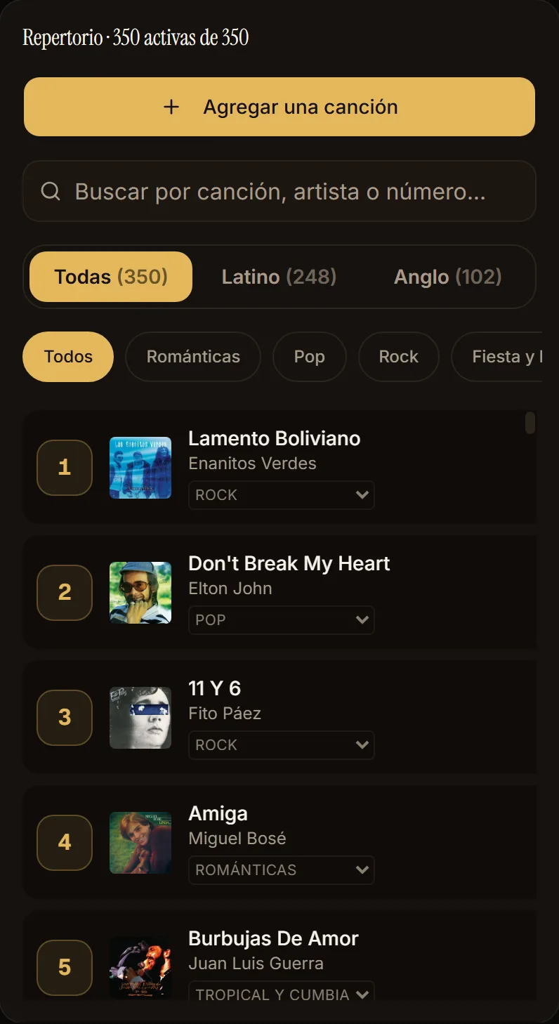 Lista del repertorio con interruptores por canción, buscador y filtros