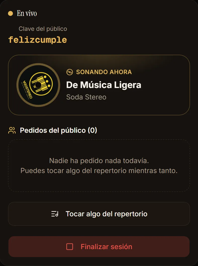 Panel del músico mostrando la canción sonando ahora después de apretar TOCAR