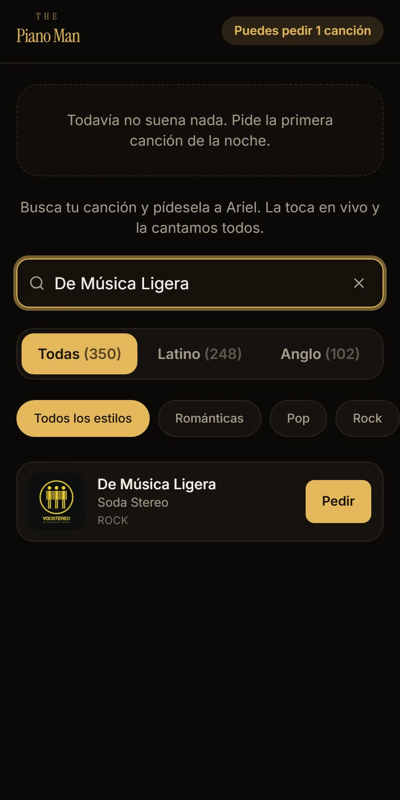 Búsqueda de una canción en el teléfono del público, con el botón Pedir