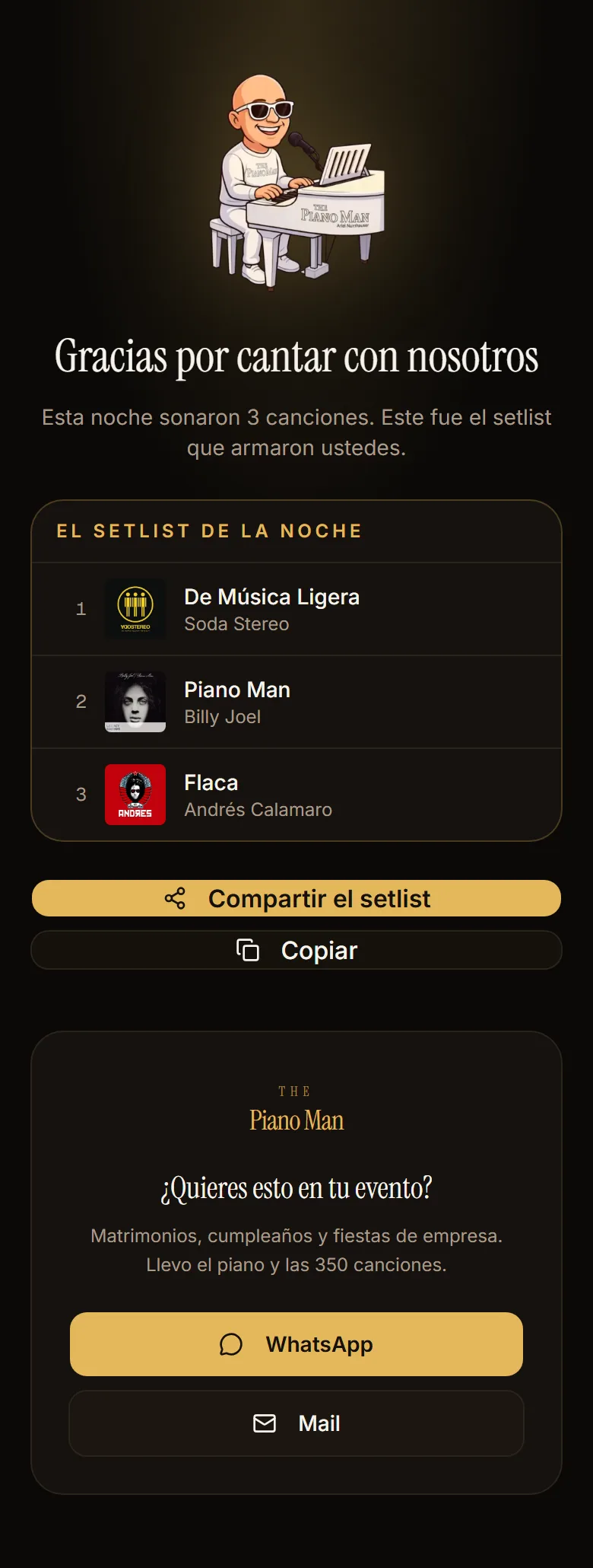 Pantalla de cierre con el setlist completo de la noche y botones de contacto