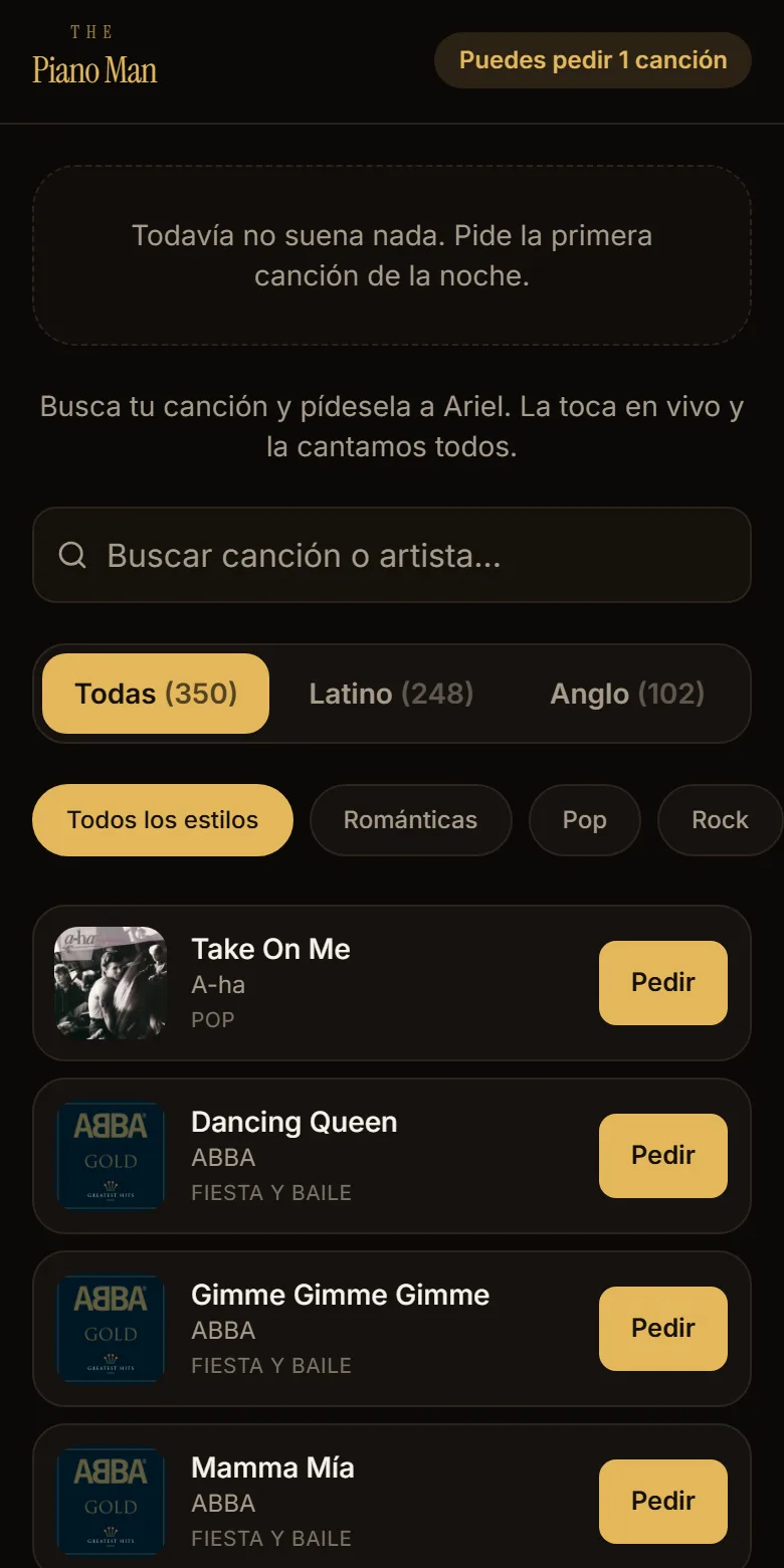 Lista de canciones que el público puede pedir, con filtros y buscador